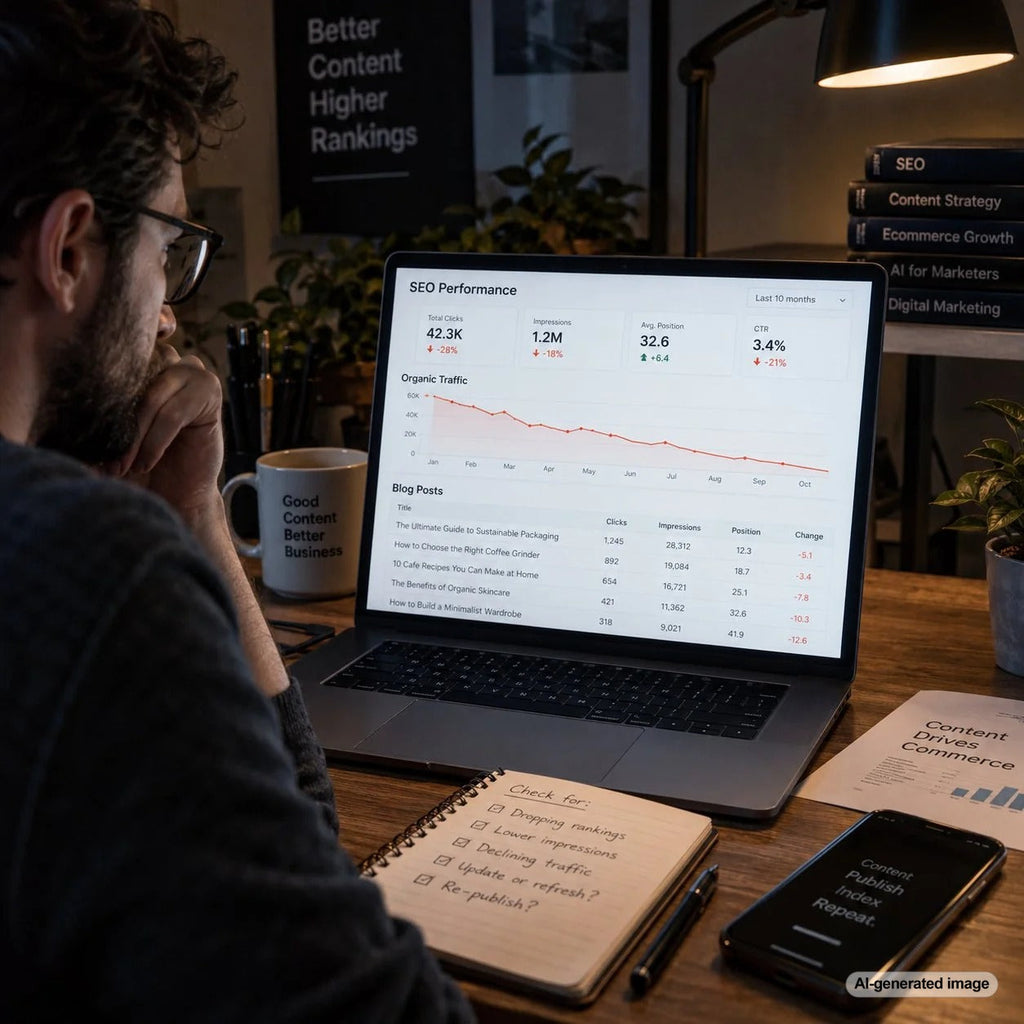 Analytics dashboard illustrating how to identify blog posts losing search visibility and organic search performance
