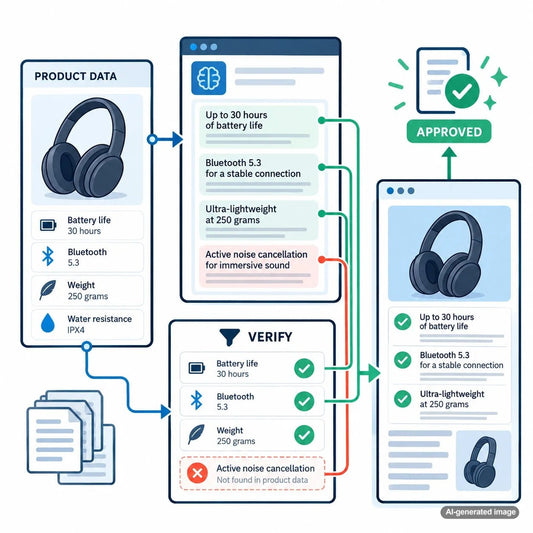 Illustration representing AI content accuracy and product feature verification to prevent invented specifications in ecommerce articles