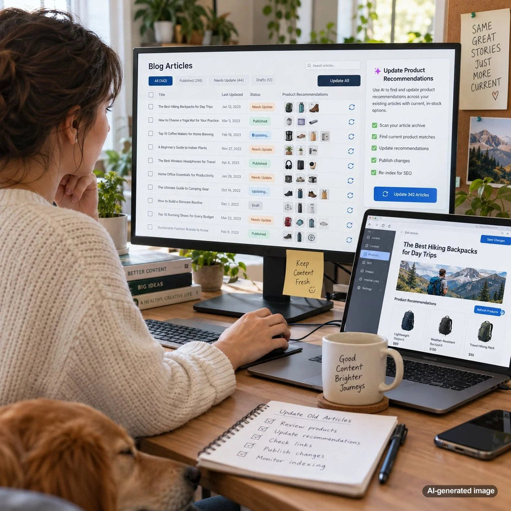 Organized product recommendation management system illustrating how businesses keep hundreds of older blog articles accurate and up to date