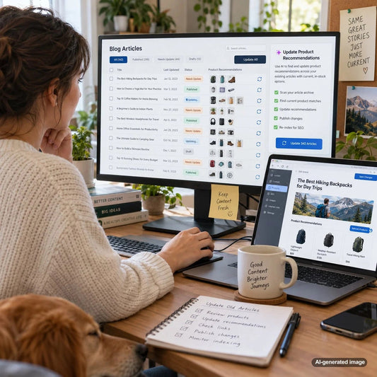 Organized product recommendation management system illustrating how businesses keep hundreds of older blog articles accurate and up to date