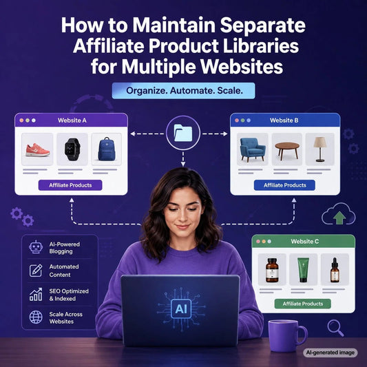 Organized affiliate product libraries managed separately across multiple websites for scalable content and SEO growth