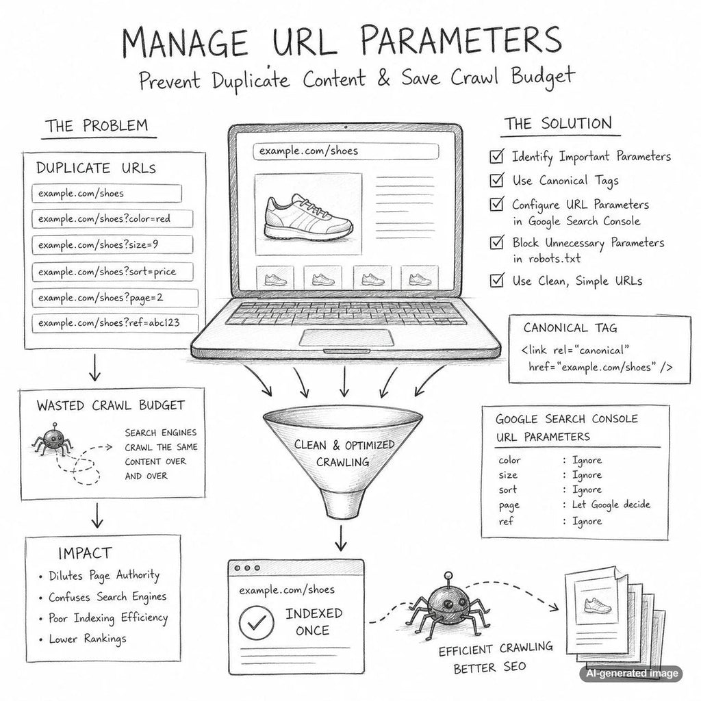 SEO professional analyzing URL parameters to prevent duplicate content issues and improve crawl budget management