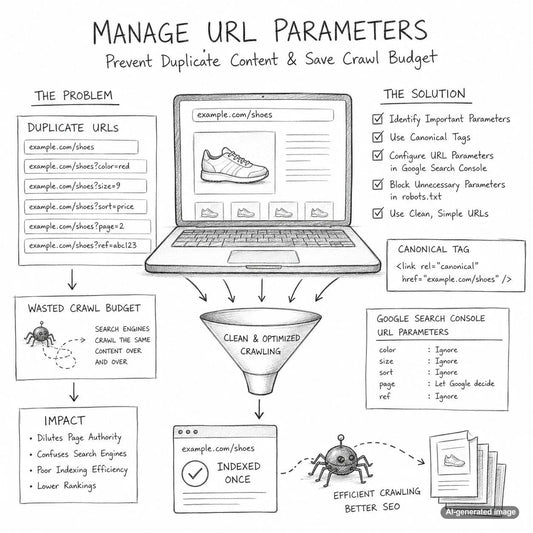 SEO professional analyzing URL parameters to prevent duplicate content issues and improve crawl budget management