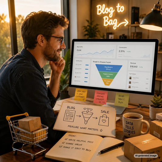 Ecommerce analytics dashboard illustrating how blog readers progress from content engagement to product browsing and purchases
