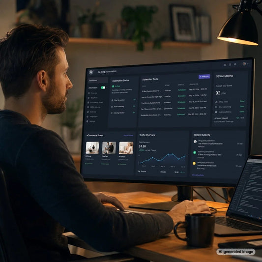 Business owner reviewing an automated blog monitoring dashboard with SEO performance alerts