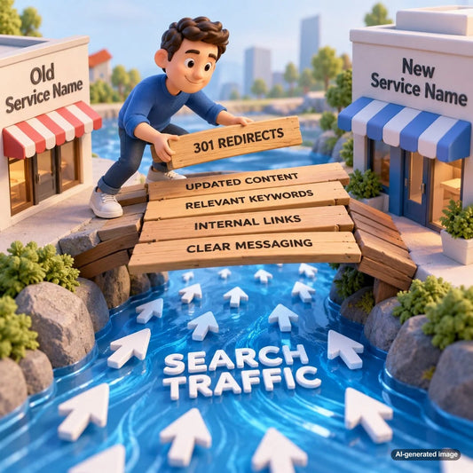 Creative visual illustrating how businesses preserve Google search rankings and organic website traffic while transitioning from an old service name to a new one