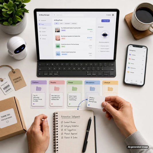 Content manager reviewing automated blog category assignments before publication