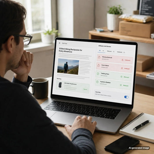 Content editor reviewing article relevance and affiliate link placement in an automated publishing workflow