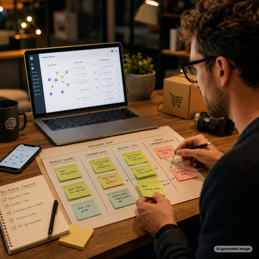 Content strategist reviewing a keyword map to prevent competing website pages before publication