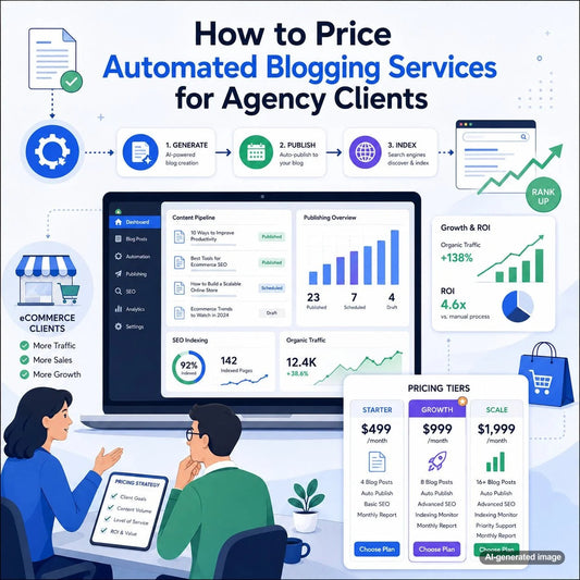 Agency team planning pricing tiers and margins for automated blogging services