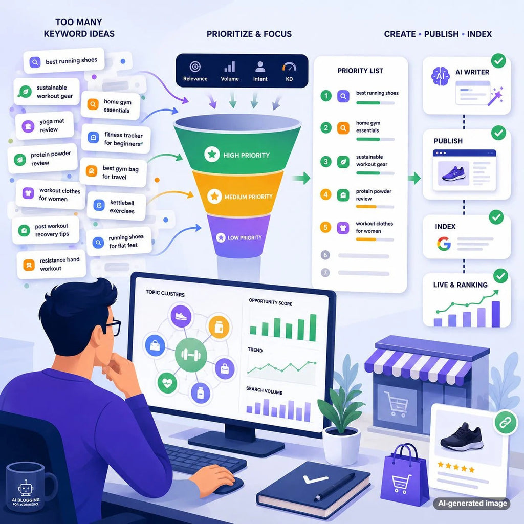 Business owner organizing and prioritizing a large collection of blog keyword ideas for an SEO content strategy