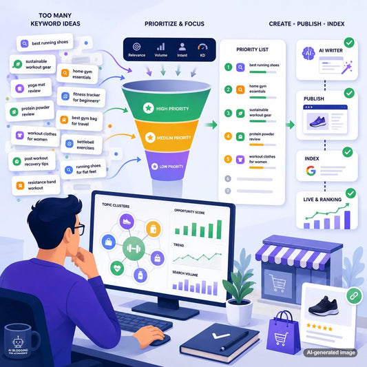 Business owner organizing and prioritizing a large collection of blog keyword ideas for an SEO content strategy