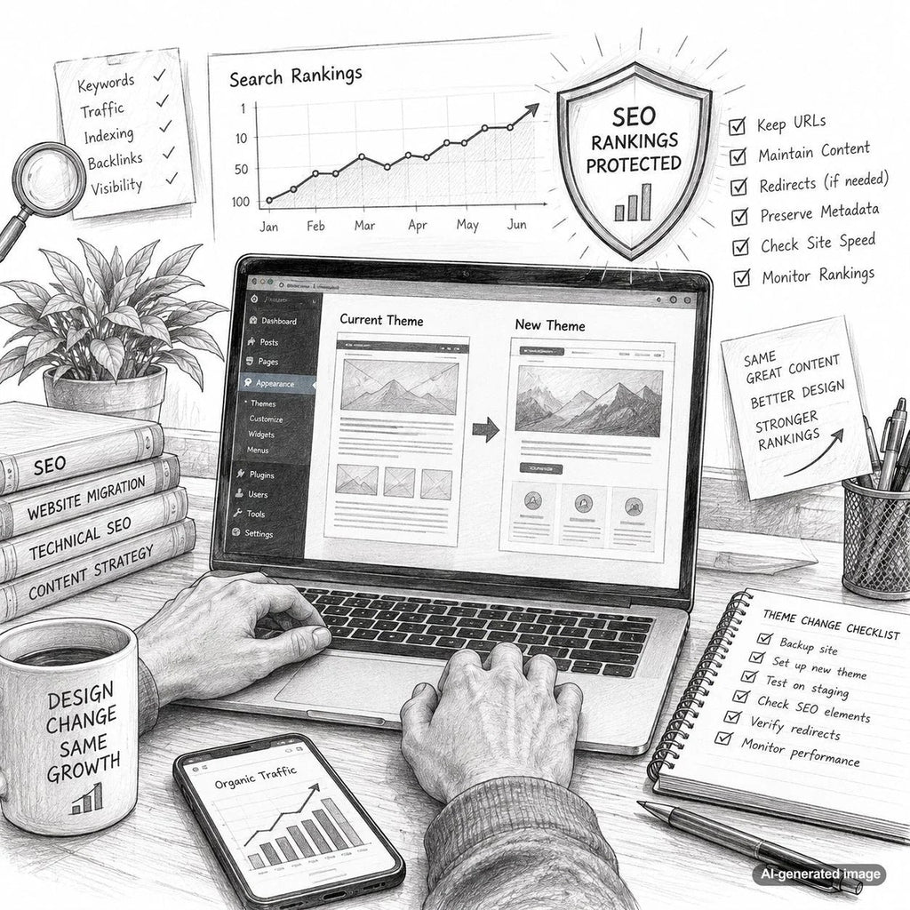 Hand drawn illustration representing WordPress theme redesign, website SEO protection, blog ranking stability, and technical search optimization