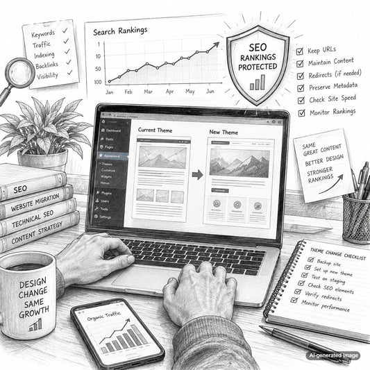 Hand drawn illustration representing WordPress theme redesign, website SEO protection, blog ranking stability, and technical search optimization