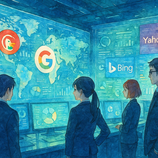 Illustration of Baidu, Yandex, and Seznam search engines with flags of China, Russia, and Czech Republic