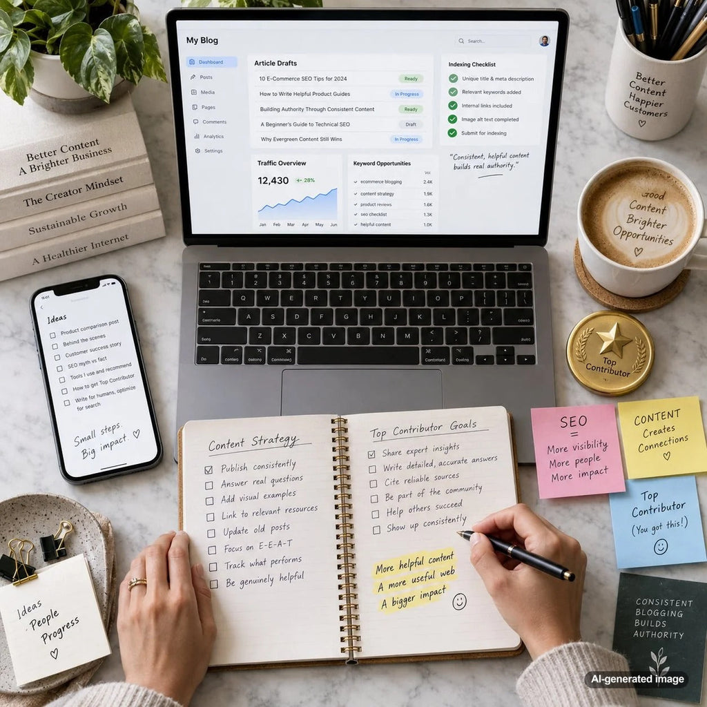 Business owner developing an authoritative automated blogging strategy to improve Google search visibility and organic rankings