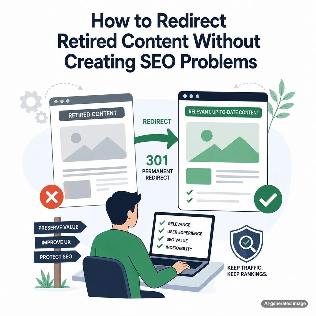Illustration representing retired website content being redirected to relevant replacement pages while preserving SEO value