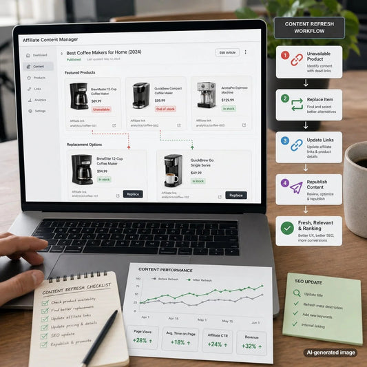 Affiliate content refresh workflow for replacing unavailable products while protecting SEO rankings and reader trust