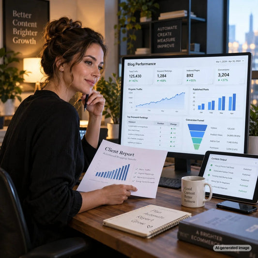 Business owner reviewing automated blogging SEO performance and client reporting results