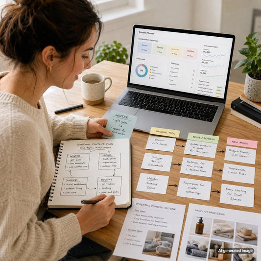 Content strategist organizing seasonal research into fresh SEO article ideas without duplicating existing content