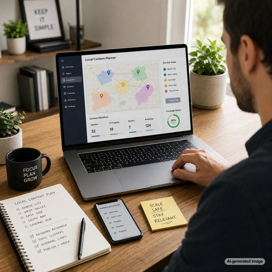 Local SEO content strategy illustrating how businesses can scale useful topics across multiple service areas safely