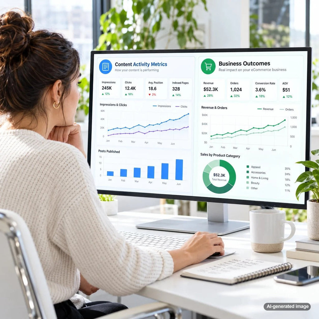 Content analytics dashboard separating publishing activity, search visibility, conversions, and measurable business outcomes