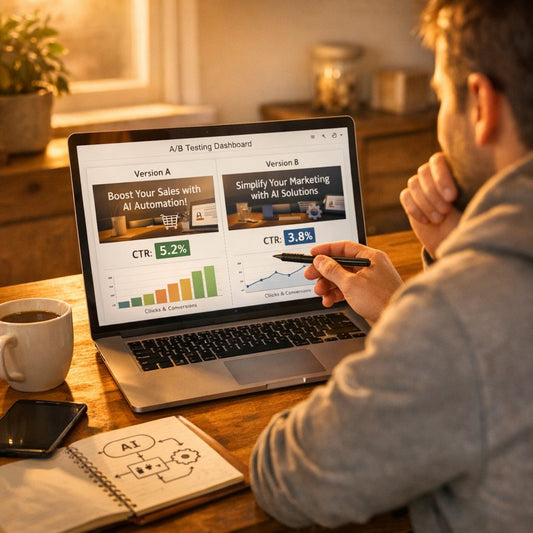 Business owner reviewing headline A/B testing results to improve organic click-through rate and Google search performance