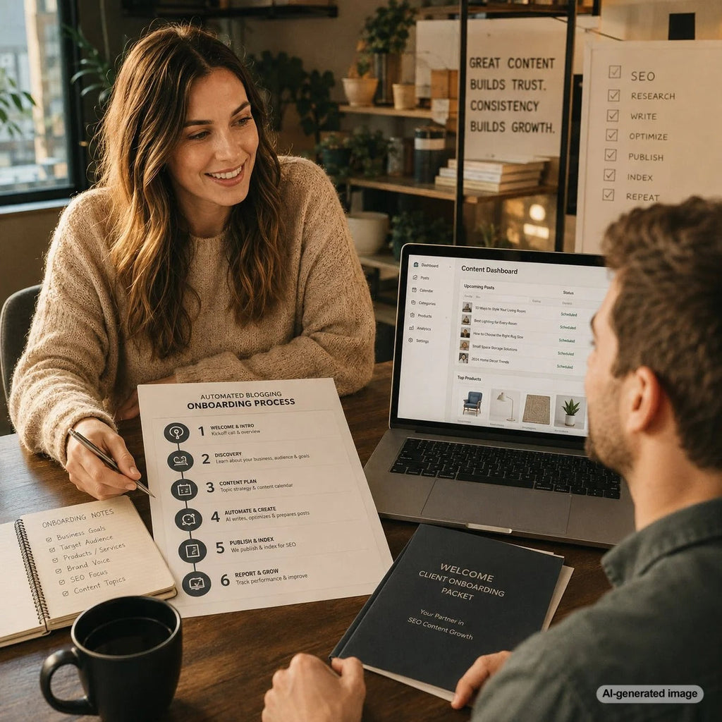 Standardized client onboarding workflow for automated blogging and SEO content production