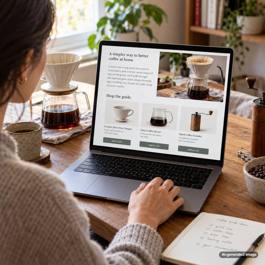 Illustration of an informational blog article guiding organic search visitors through product discovery and a clear ecommerce shopping path
