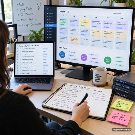 Content planning workspace showing frequently asked customer questions organized into a year-long blog editorial calendar