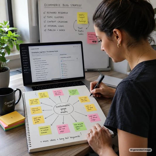 Content strategy workspace showing one main keyword expanded into supporting blog ideas for SEO planning
