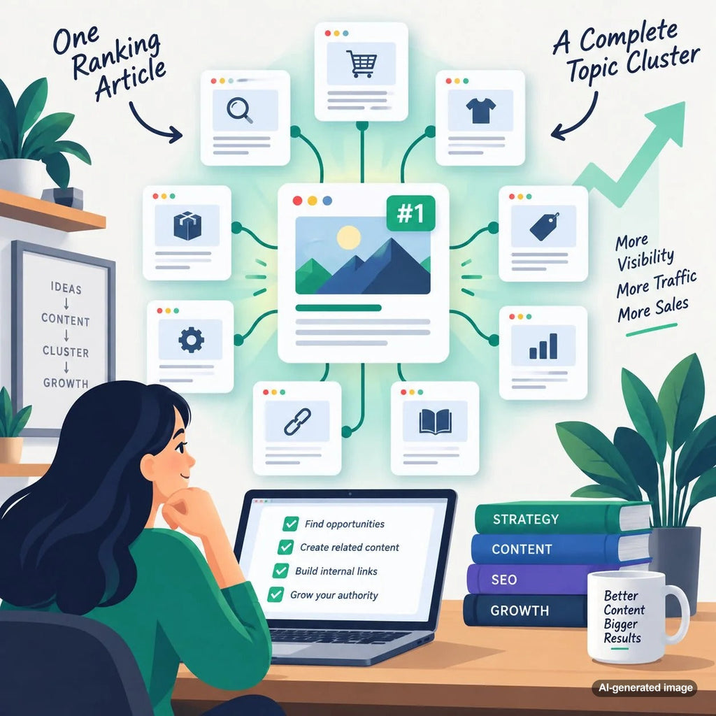 SEO content planning concept showing one ranking article expanding into a complete interconnected topic cluster