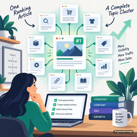 SEO content planning concept showing one ranking article expanding into a complete interconnected topic cluster