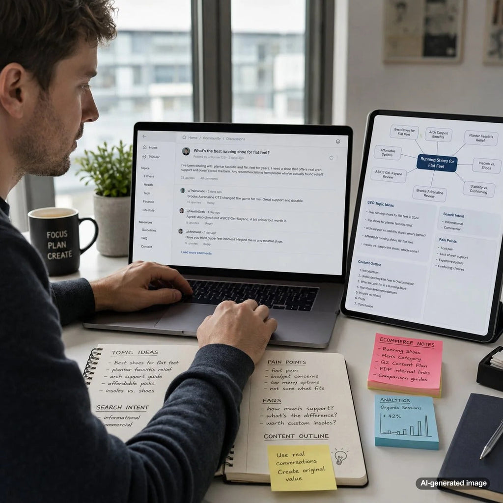 Content strategist researching Reddit discussions to uncover original SEO blog topic ideas