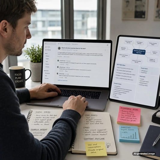 Content strategist researching Reddit discussions to uncover original SEO blog topic ideas