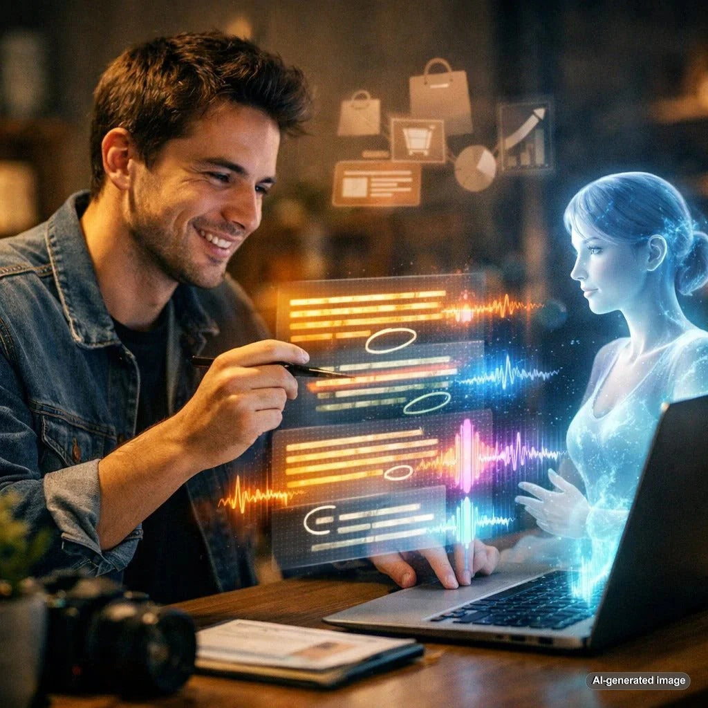 Business owner using an AI writing assistant to draft content while refining the final copy to match a distinct brand voice