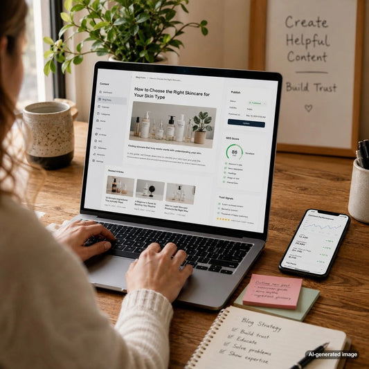Business owner reviewing authoritative blog content designed to build trust with new website visitors