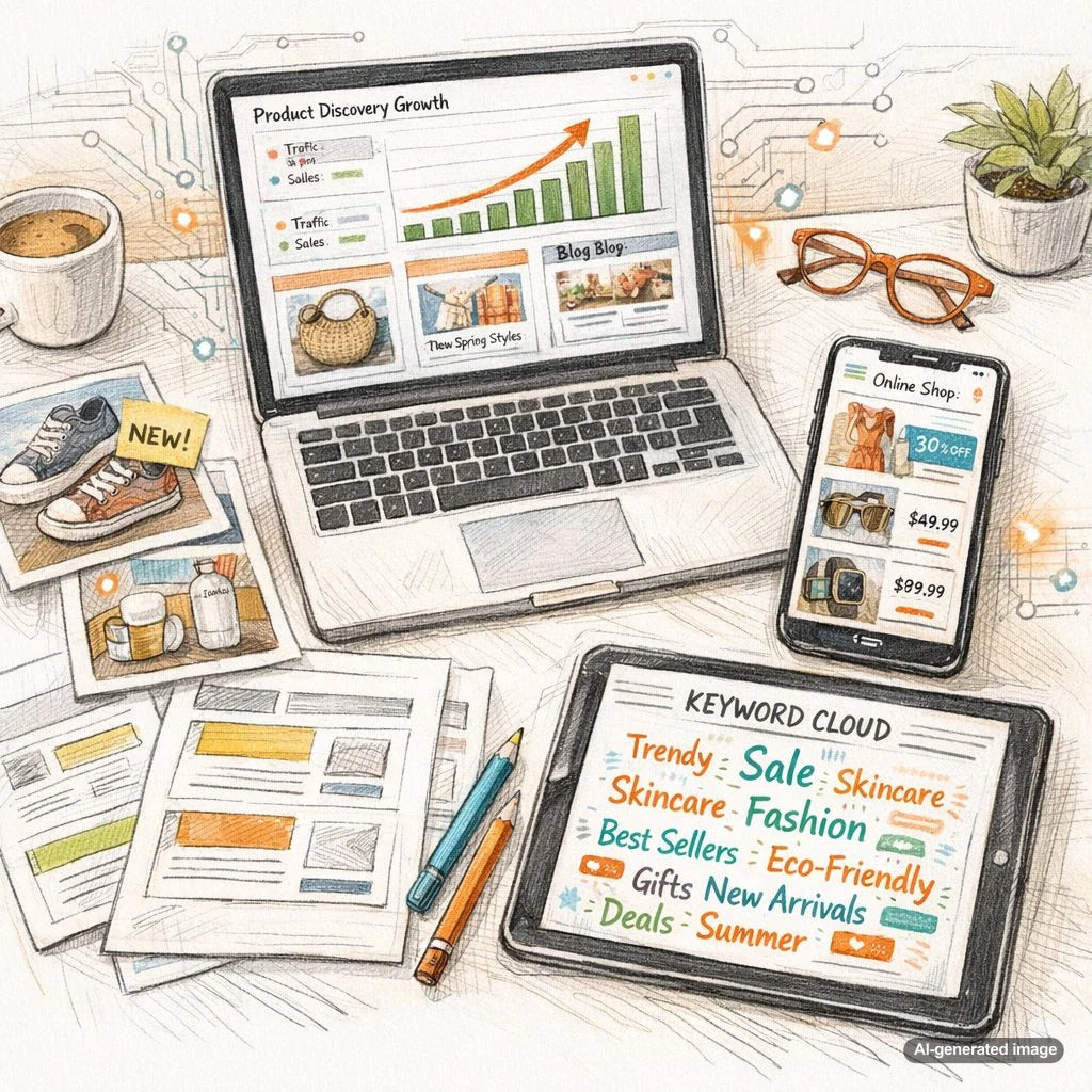 Business owner using blog content strategy to improve product discovery and organic search visibility