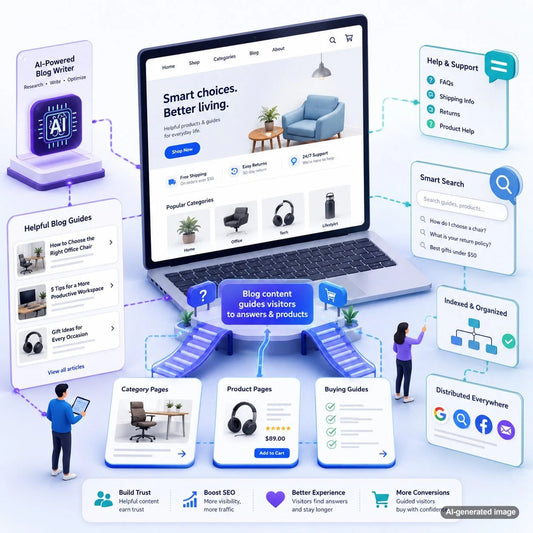Isometric illustration of organized blog content guiding visitors through a helpful business website