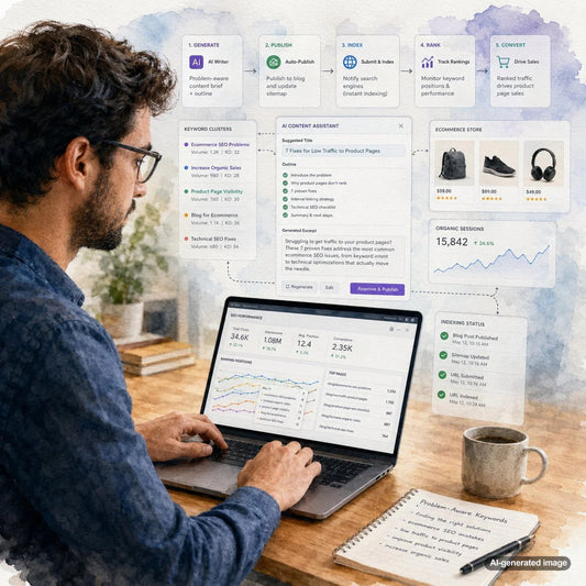 Business owner planning blog content to rank for problem-aware keywords and improve Google visibility