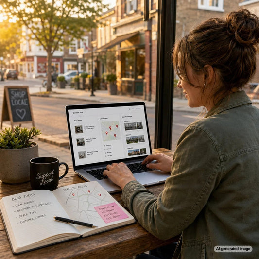 Business owner planning blog content to support local landing pages and improve Google rankings
