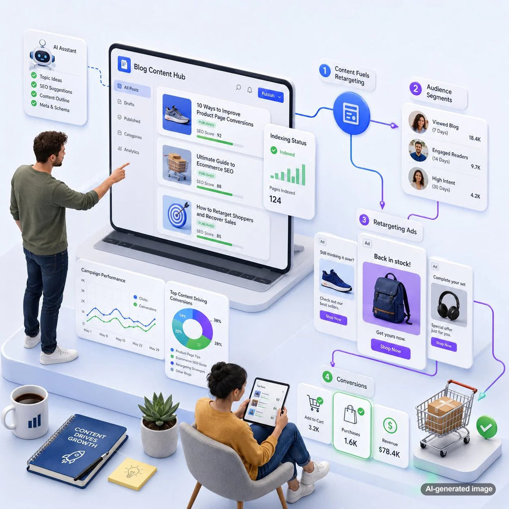 Blog content strategy supporting retargeting campaigns with audience segments and conversion paths
