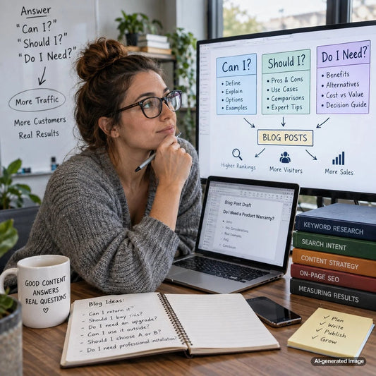 Business owner planning SEO blog content around Can I, Should I, and Do I Need search questions