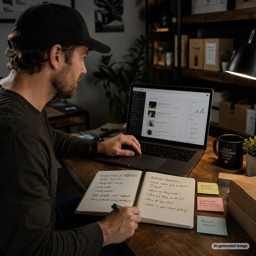 Business owner planning SEO blog posts that explain what makes a company different