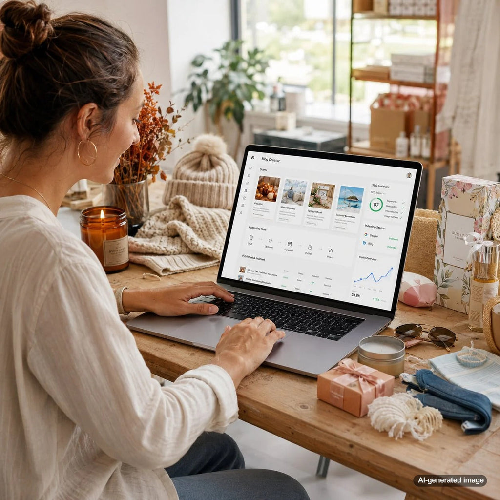 Business owner planning seasonal blog posts to support product demand and improve Google rankings