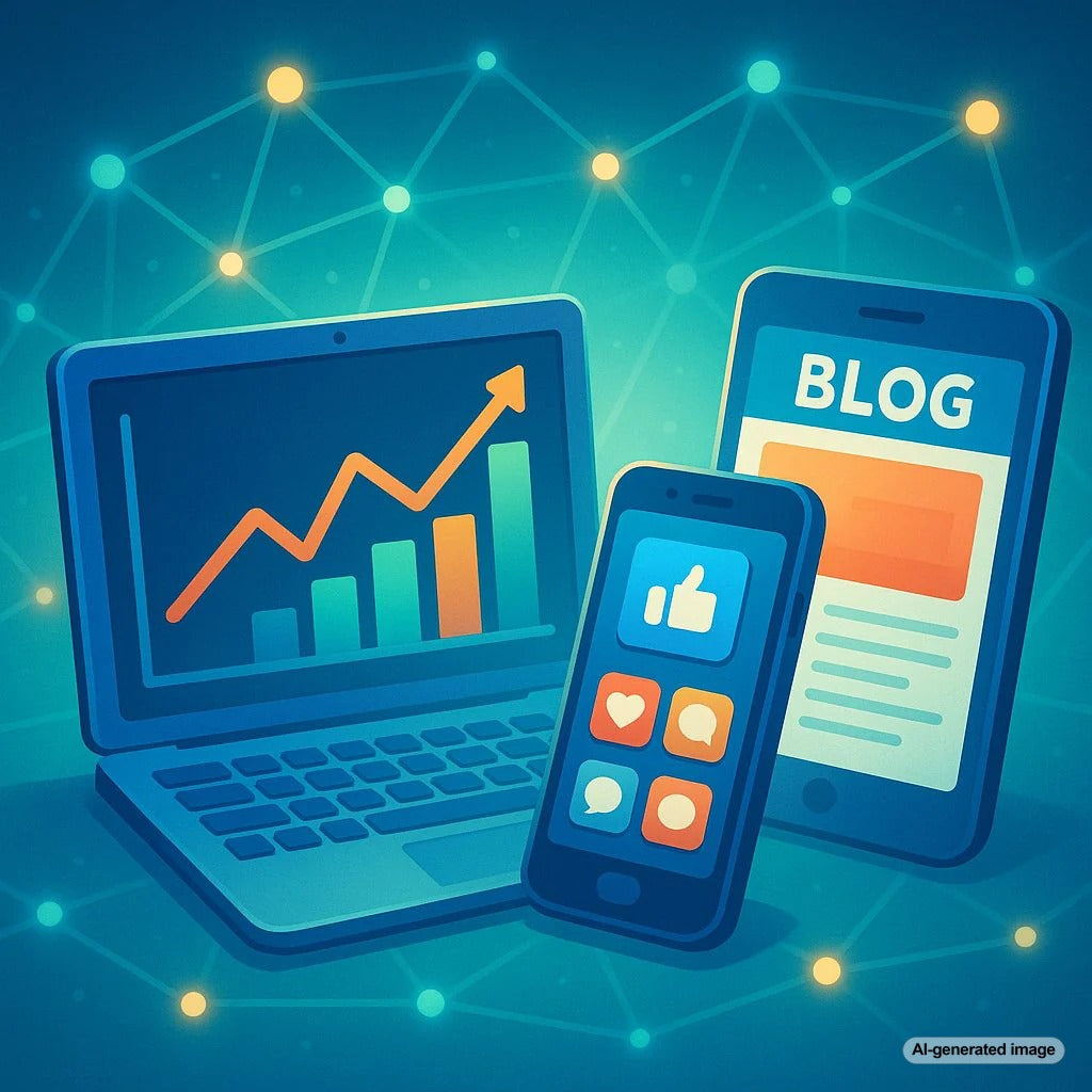 Illustration showing the integration of blogging and social media marketing strategies