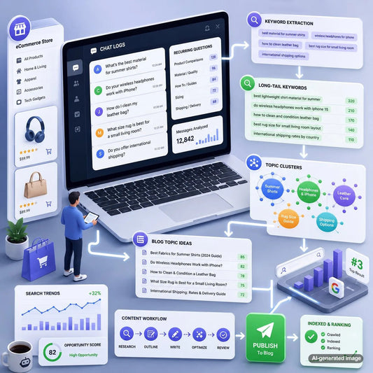 Business owner reviewing customer chat logs to identify long-tail SEO topics and content opportunities