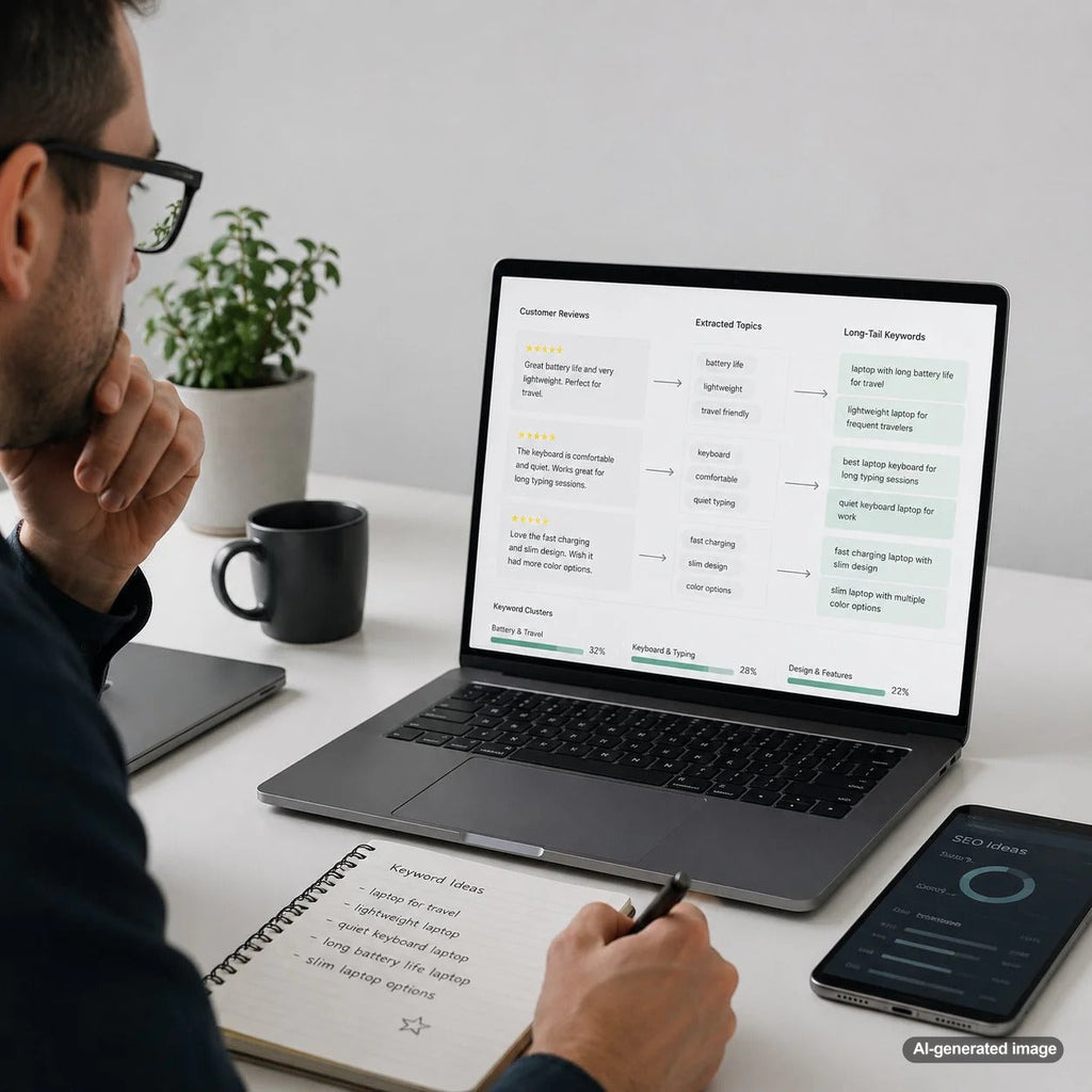 Business owner reviewing customer feedback to discover long-tail keyword ideas for SEO content planning