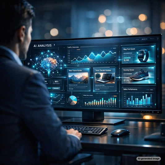 Illustration showing use of analytics and data-driven insights to improve blog performance