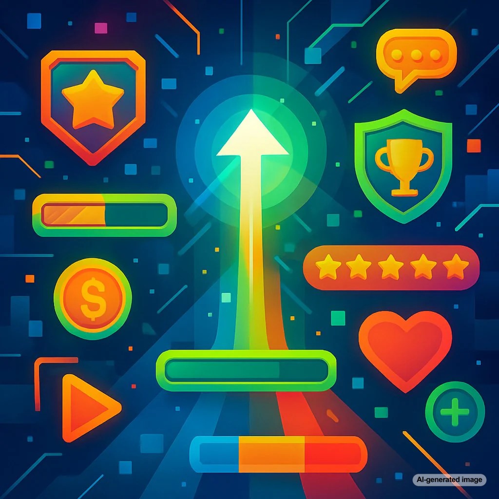 Colorful gamification icons illustrating engagement and progression arrows